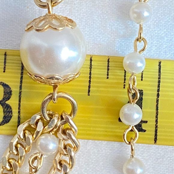 Sarah Coventry Opera Station Necklace layered Gold Tone Chains Faux Pearl Accent - Picture 11 of 11